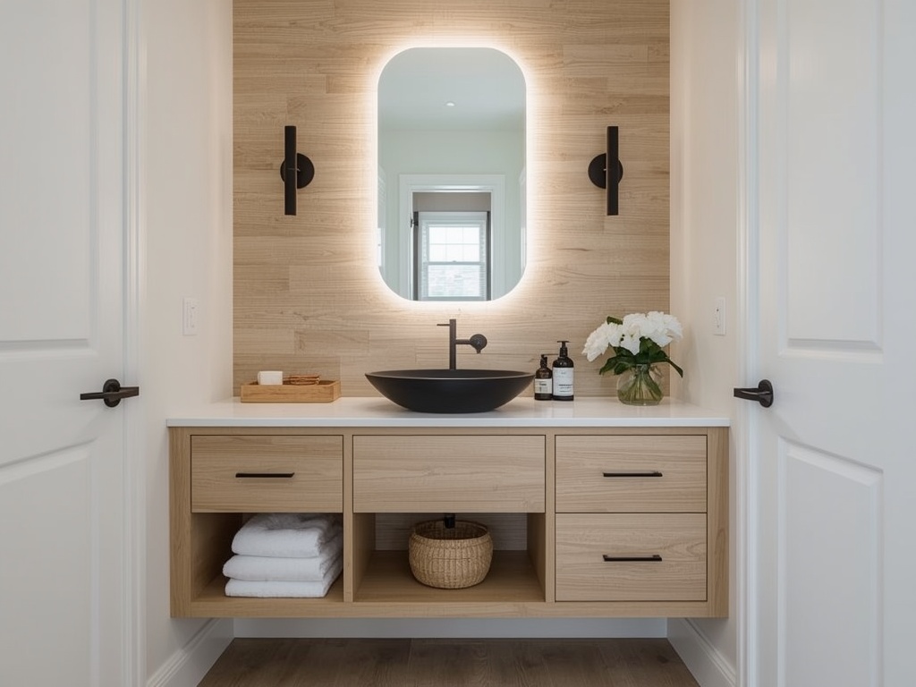 Custom white oak floating bathroom vanity in Camarillo, CA