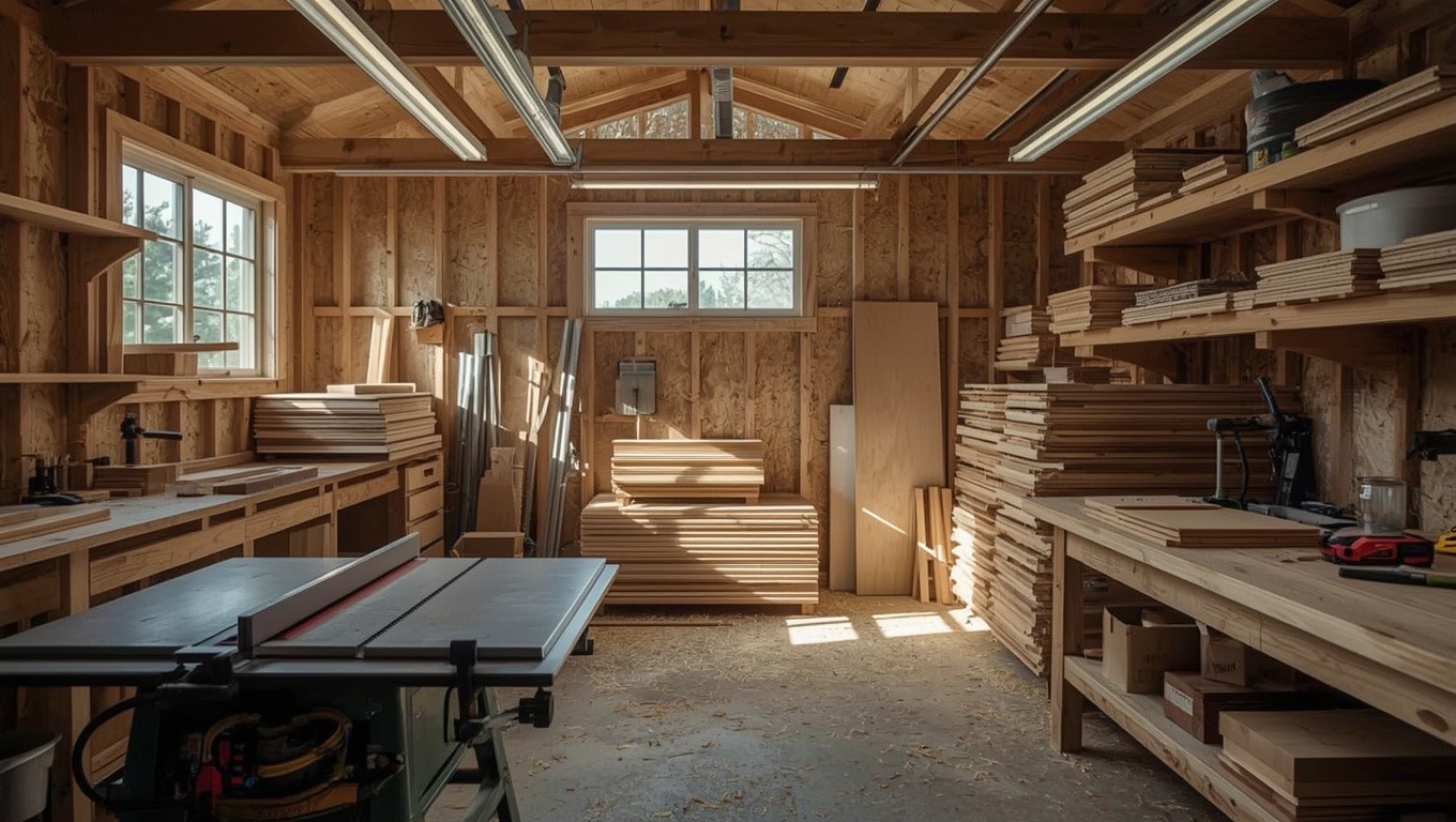 Cabinet shop workbench and lumber stock in Camarillo, CA