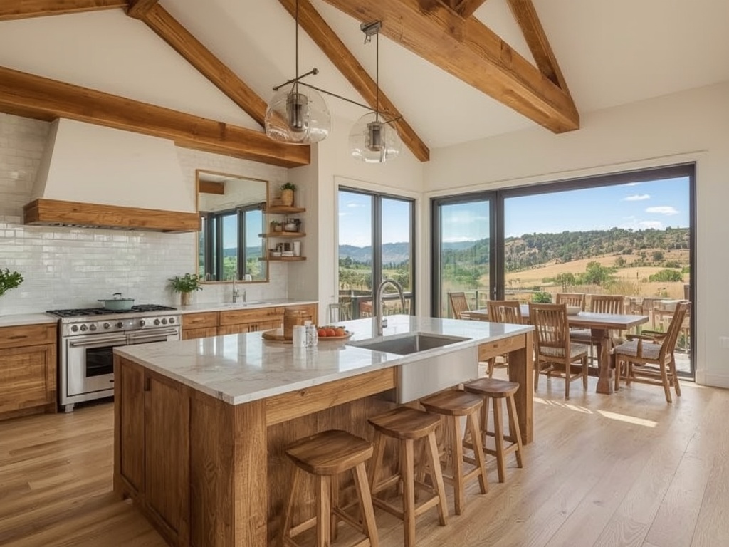 Farmhouse ranch kitchen with a timber island on a Somis, CA property