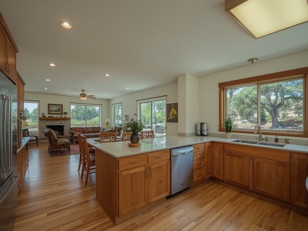 1970s ranch kitchen opened to the family room in Thousand Oaks, CA