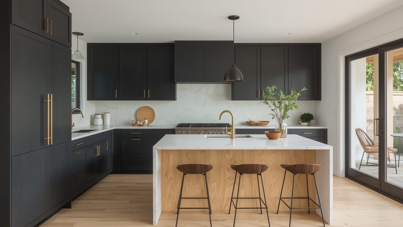 Custom cabinets in a Camarillo, CA kitchen with charcoal shaker doors and a white oak island