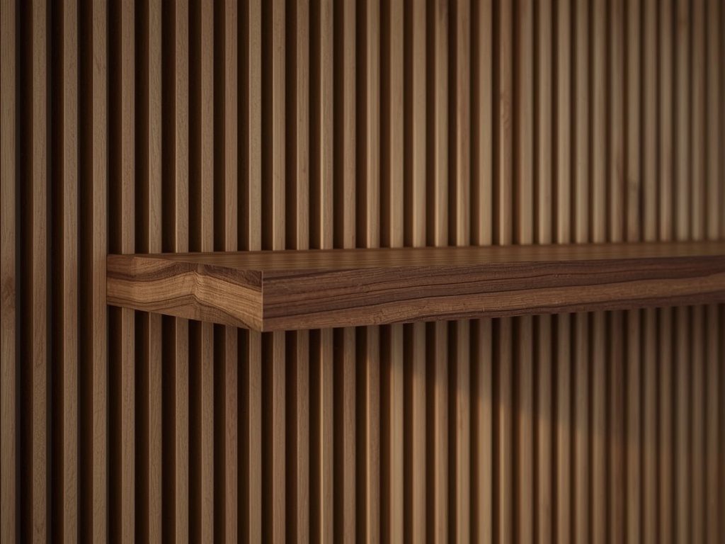 Solid walnut floating shelf meeting a fluted slat wall with no visible bracket