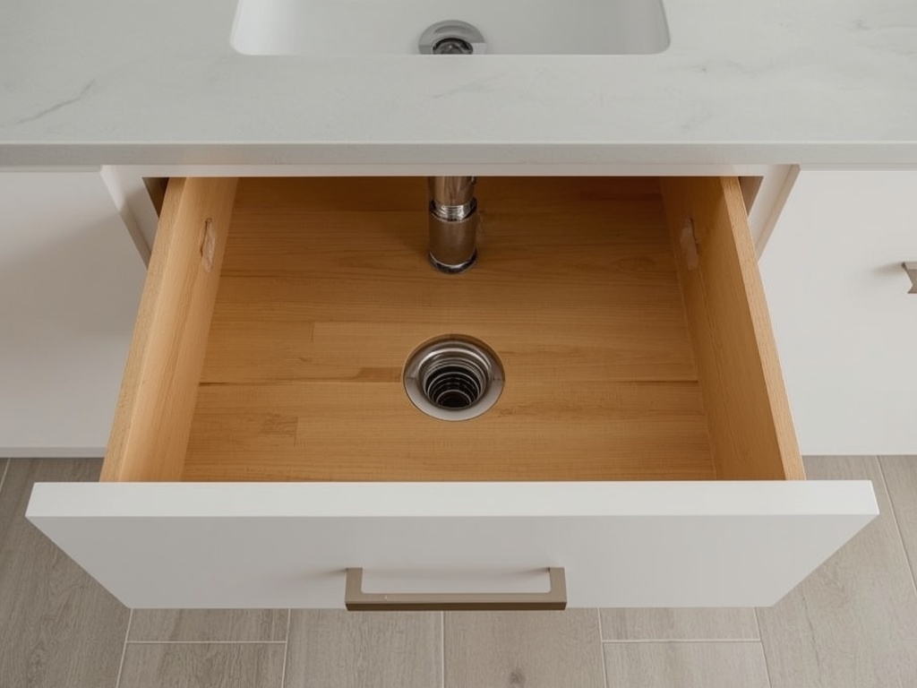 Vanity drawer box notched around the sink plumbing trap for usable storage