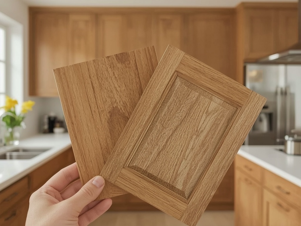 New shaker door sample held against an existing cabinet face frame