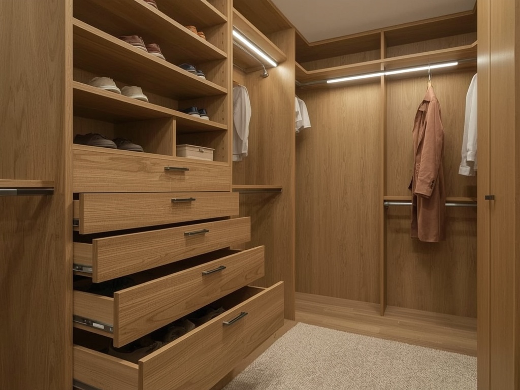 Closet drawer bank, angled shoe shelving and double-hang rods