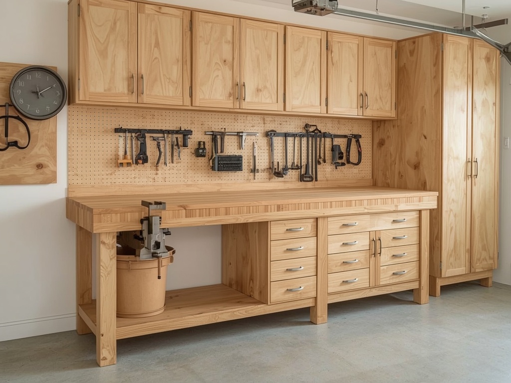 Garage workbench with butcher block top, vise and drawer storage