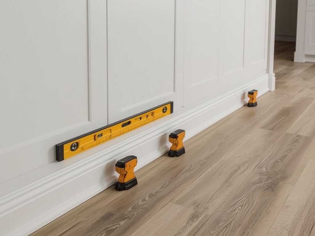 Level and shims used to set base cabinets true during installation