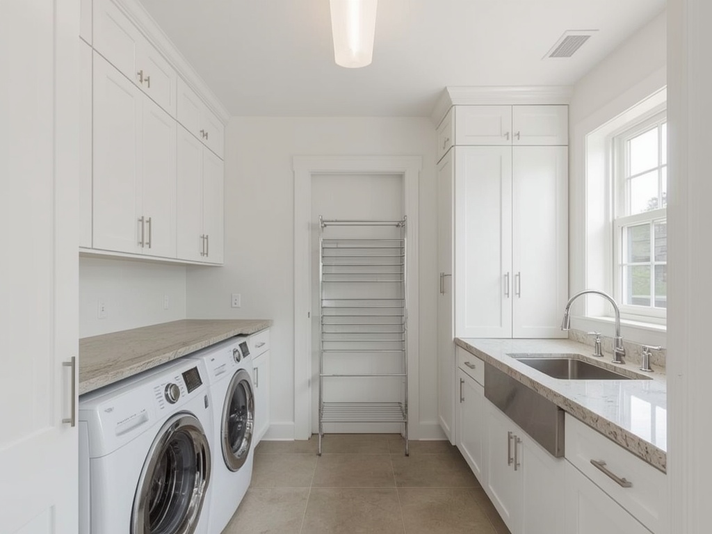Laundry counter spanning front-load machines with tall storage alongside