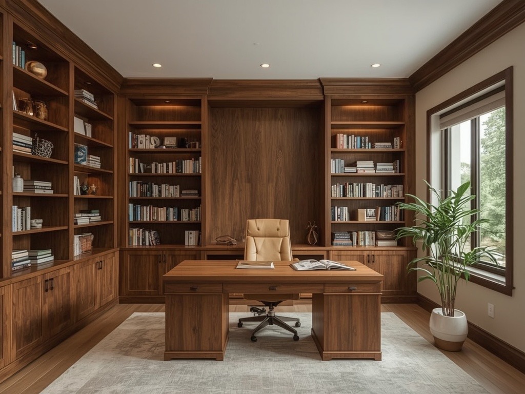 Built-in walnut home office desk and bookshelves in Camarillo, CA