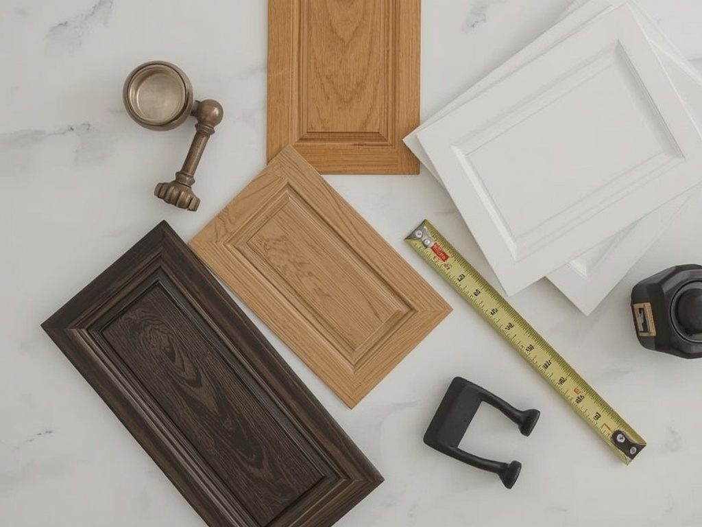 Cabinet door styles, wood veneer samples and hardware laid out for a Camarillo, CA design consultation
