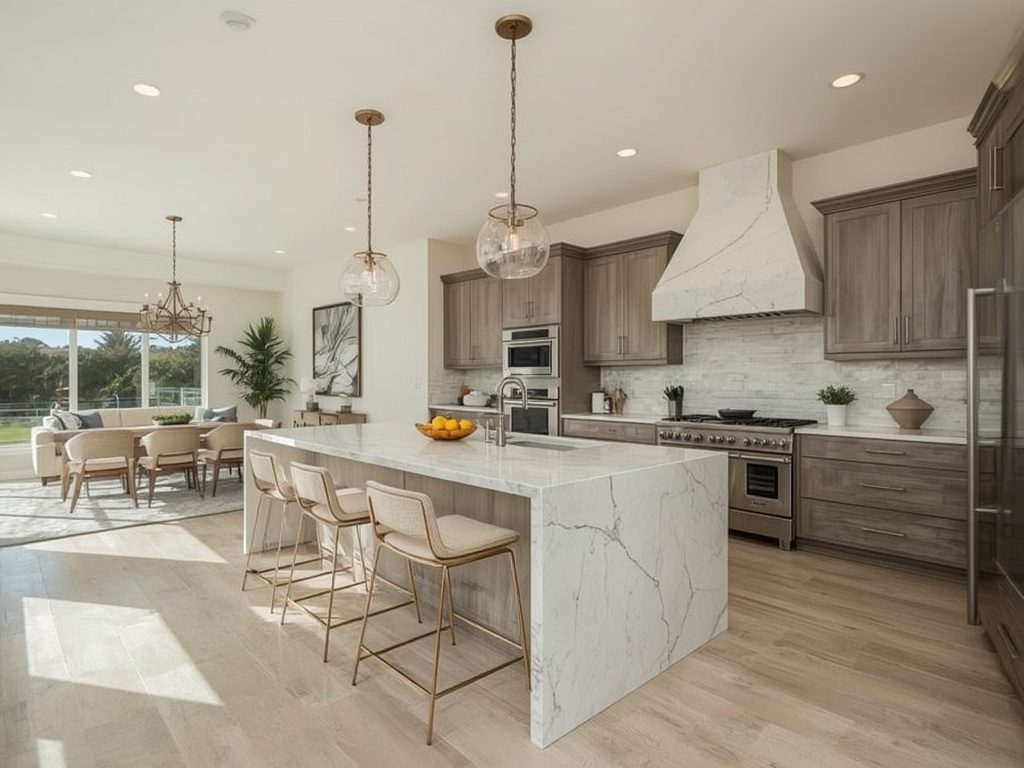 Remodelled open plan kitchen with a waterfall stone island and full height cabinetry in Camarillo, CA