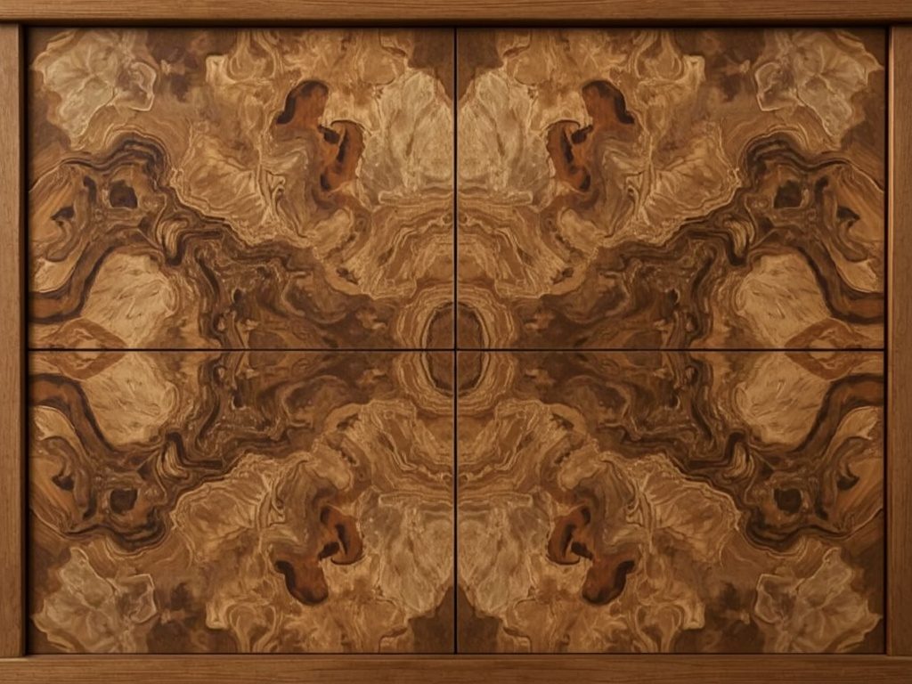 Four-way book-matched burl veneer panel with mirrored figure across the seams