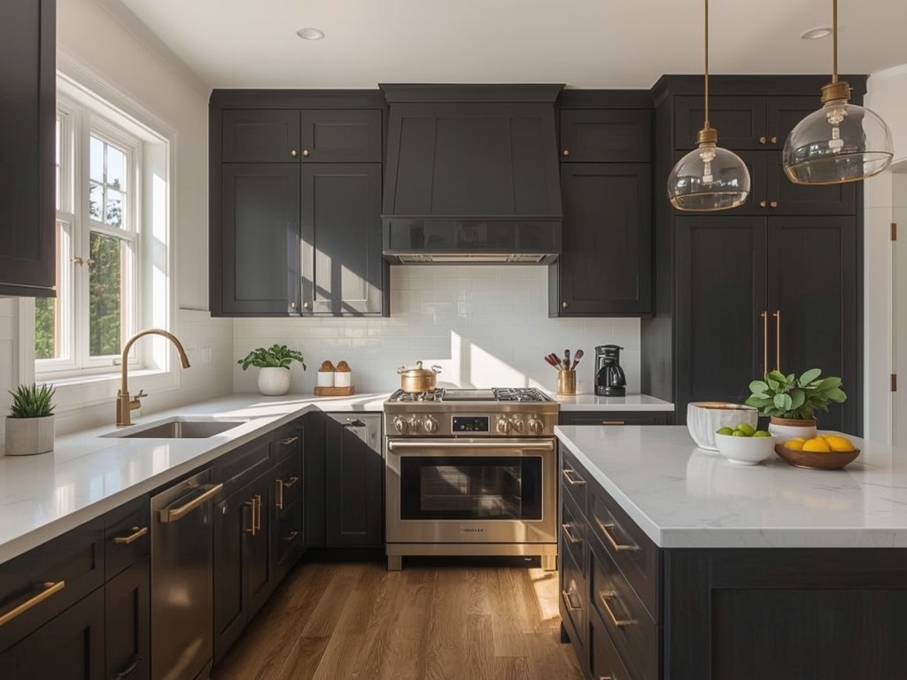 Charcoal shaker kitchen with brass hardware and a matching island