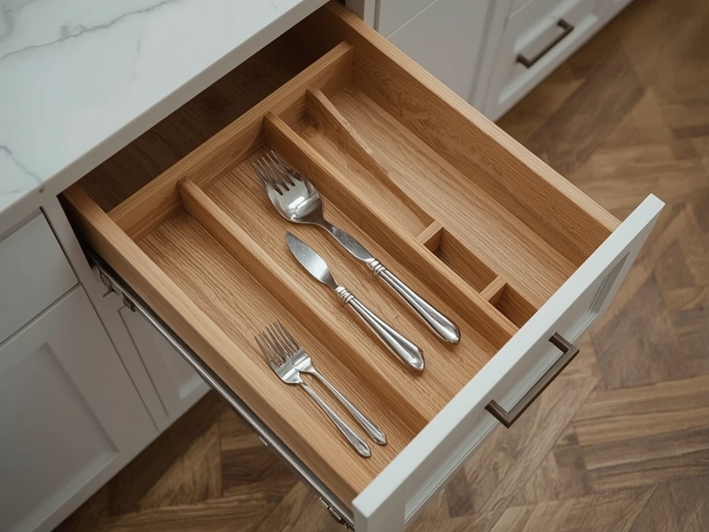 Dovetailed drawer box with a custom wood cutlery divider insert