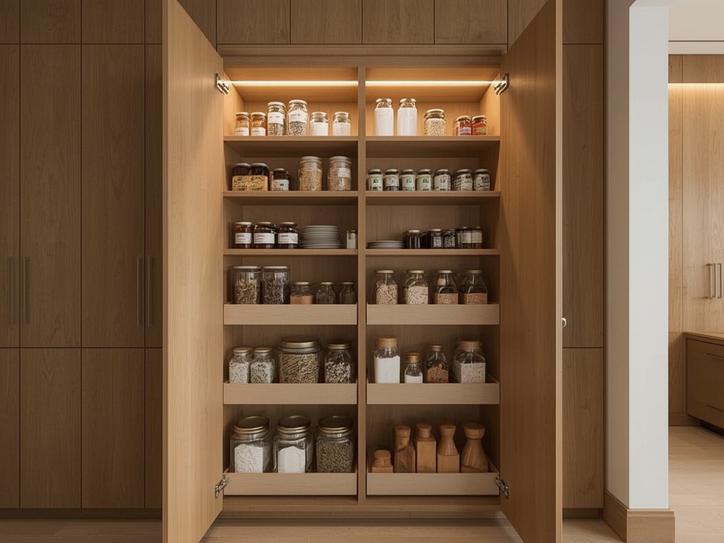 Pantry roll-out shelves pulled out showing shallow single-row storage