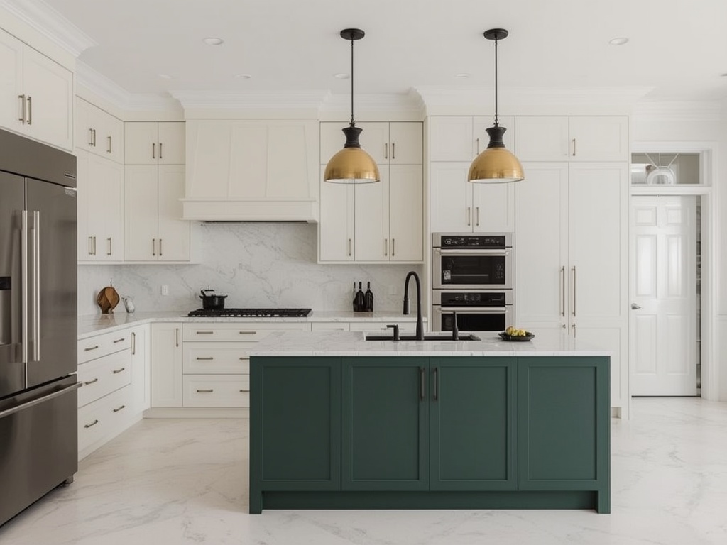 Cream perimeter cabinets with a contrasting deep green kitchen island