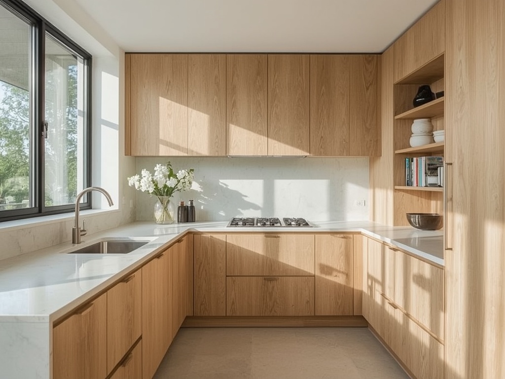 Rift white oak slab kitchen cabinetry with integrated handle detail